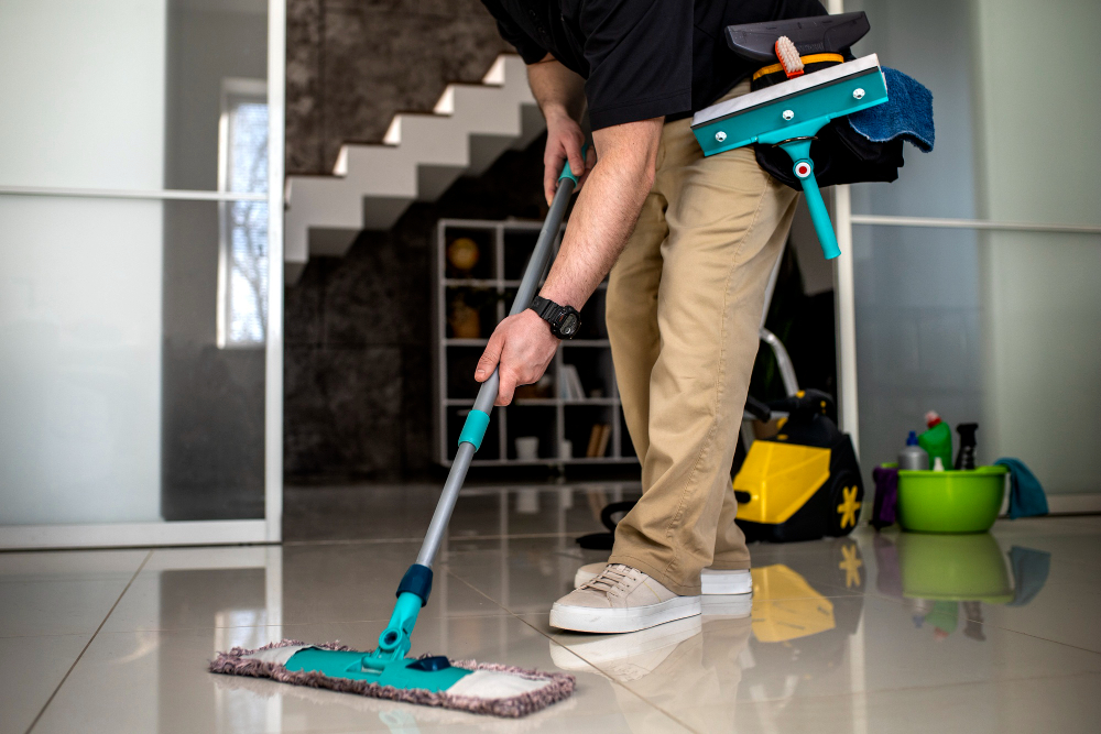 Office Cleaner wearing a cleaning tool belt and pushing mop