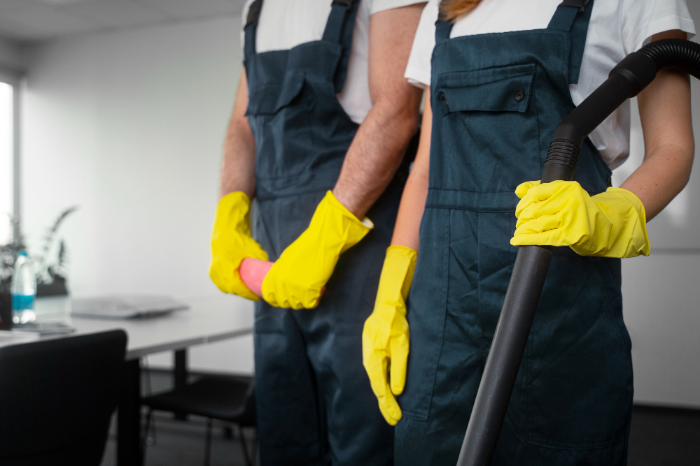 Office Cleaners wearing yellow work gloves and ready to work