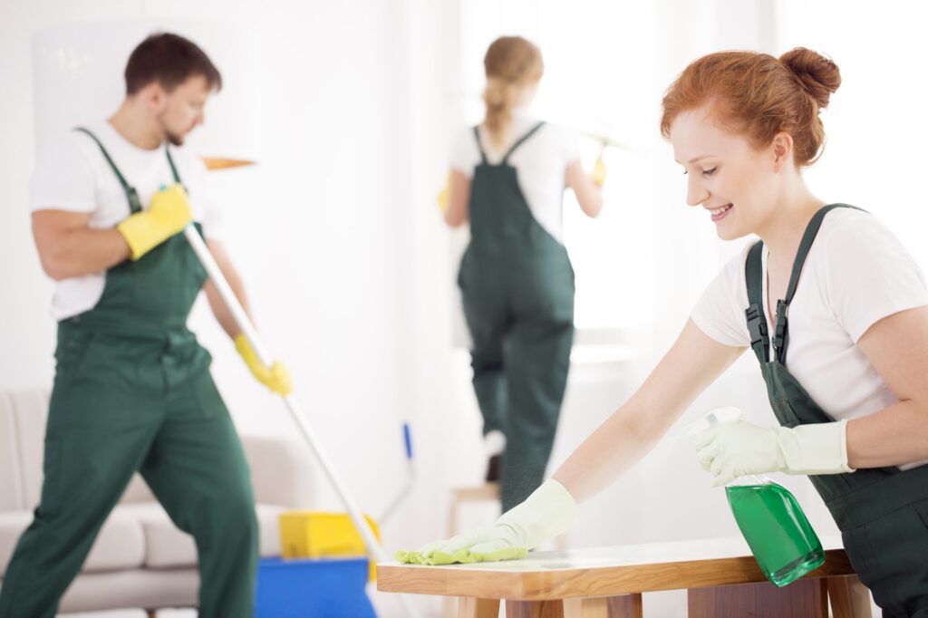 Team cleaning office table, floor and window